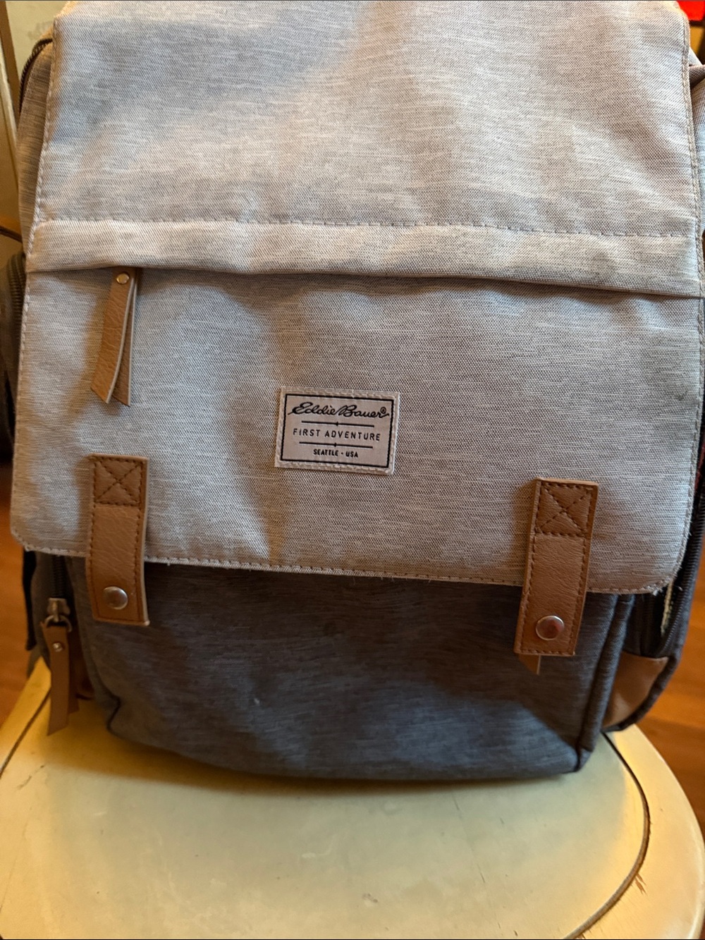 Eddie Bauer Two-Tone Light Gray and Dark Gray Canvas Backpack with Tan Accents